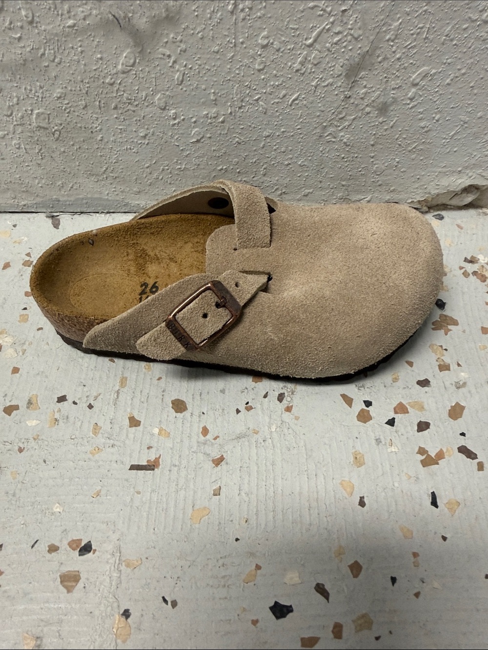 Kids Suede Slip-On Clog in Beige with Buckle 26-34 narrow